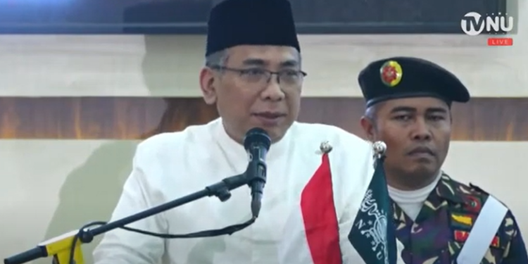 Gus Yahya saat memberi sambutan dalam acara Kick Off Harlah 102 NU di Surabaya. Foto: Youtube TVNU Televisi Nahdlatul Ulama